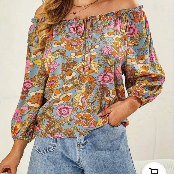 100% Viscous L Off the shoulder/or not. Spring flowers blouse. Adj. Half sleeve - Picture 5 of 12